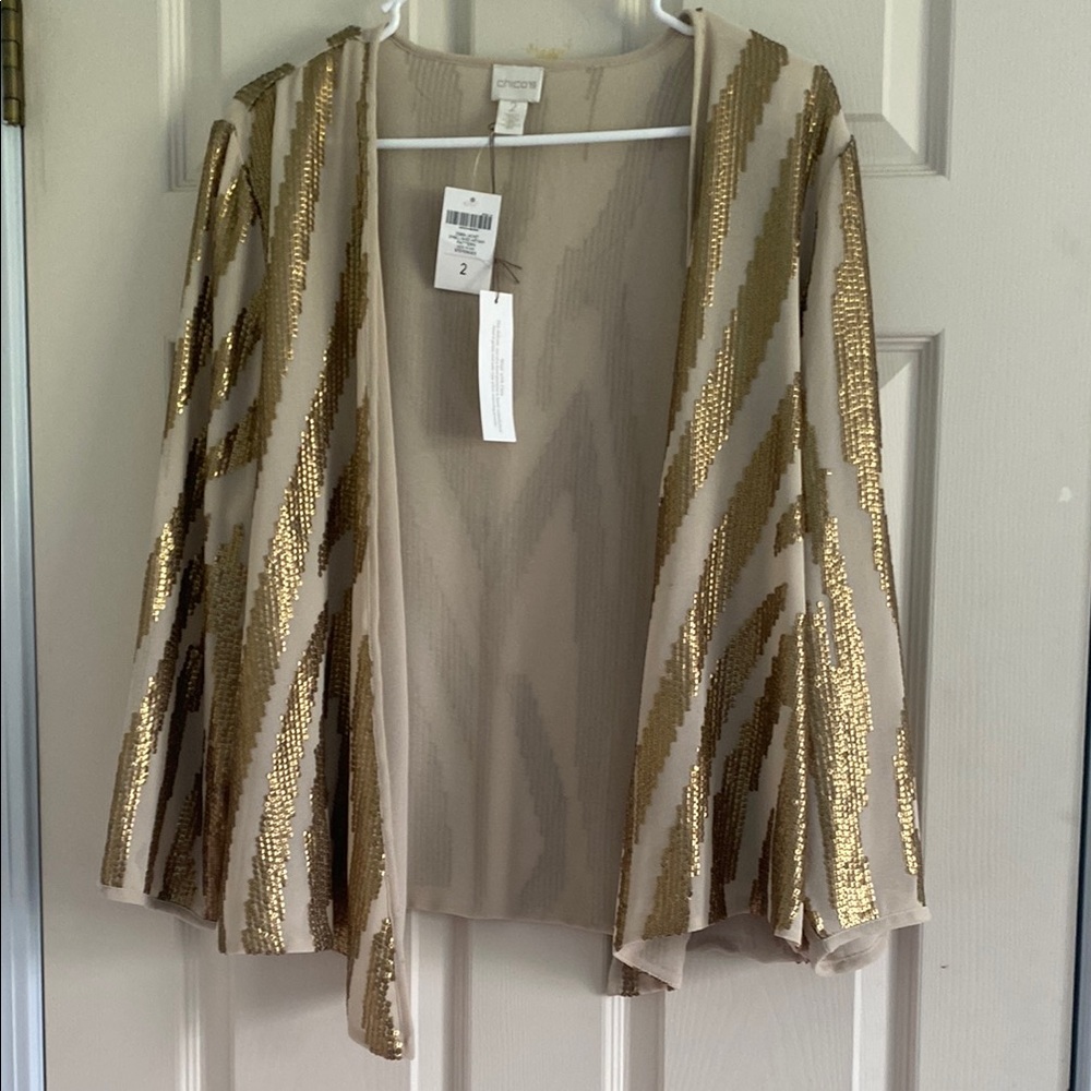 Chico's Gold Sequin Open-Front Jacket on Beige
